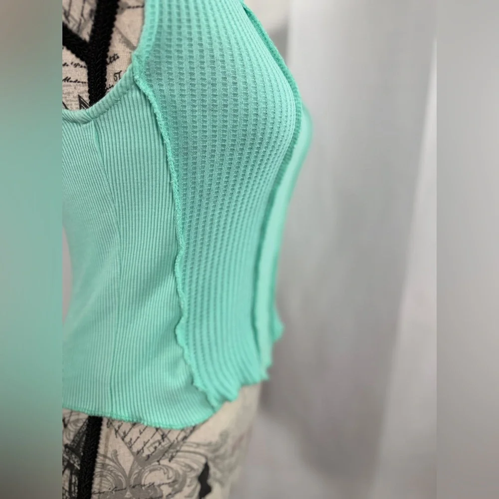 FITZ + EDDI Mint Green Ribbed Cotton Crop Tank Top Size S | Raw Edge Boho